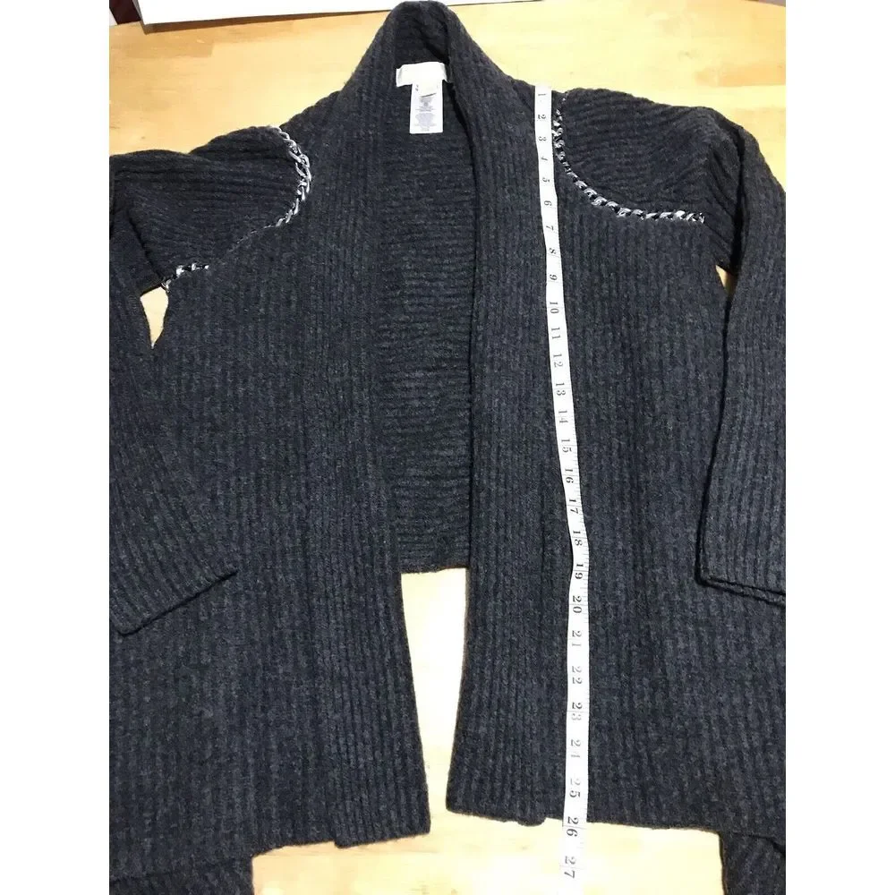 Michael Kors Gray Sweater Cardigan 100% Lamb‎ Wool Silver Chain Long Sleeve XS